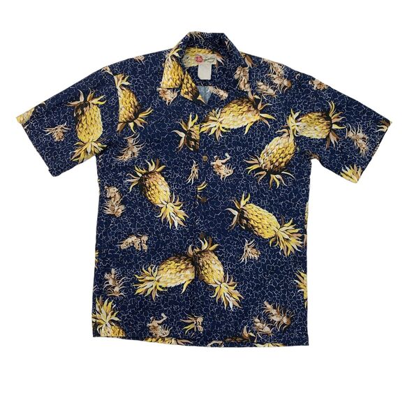 Vintage Hilo Hattie Hawaiian Shirt Mens M Navy Golden Pineapple Short Sleeve - Picture 1 of 10